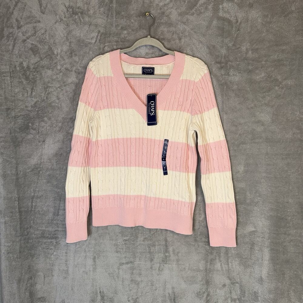 Chaps Cable Knit Striped Sweater Size Large V Neck Tennis Preppy Old Money